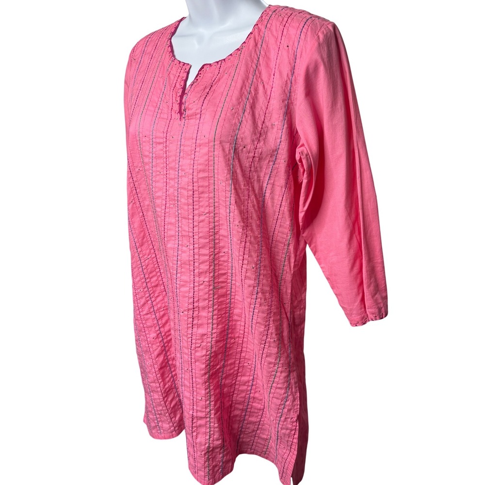 FABINDIA Womens Pink Sequin Kantha Stitch Kurta Tunic S Boho-Chic Artisan Ethnic
